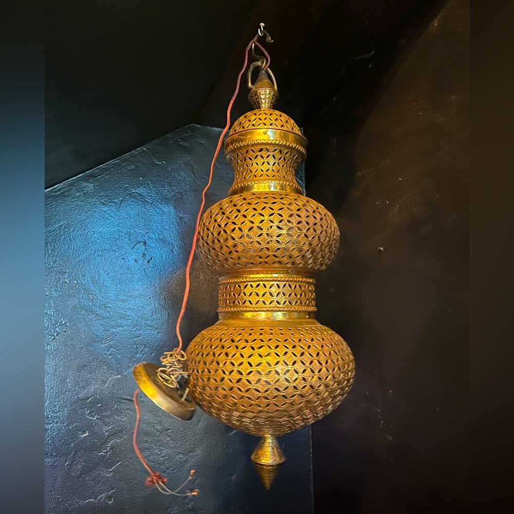 2 Gorgeous Large Vintage Moroccan brass pierced lantern bohemian contemporary